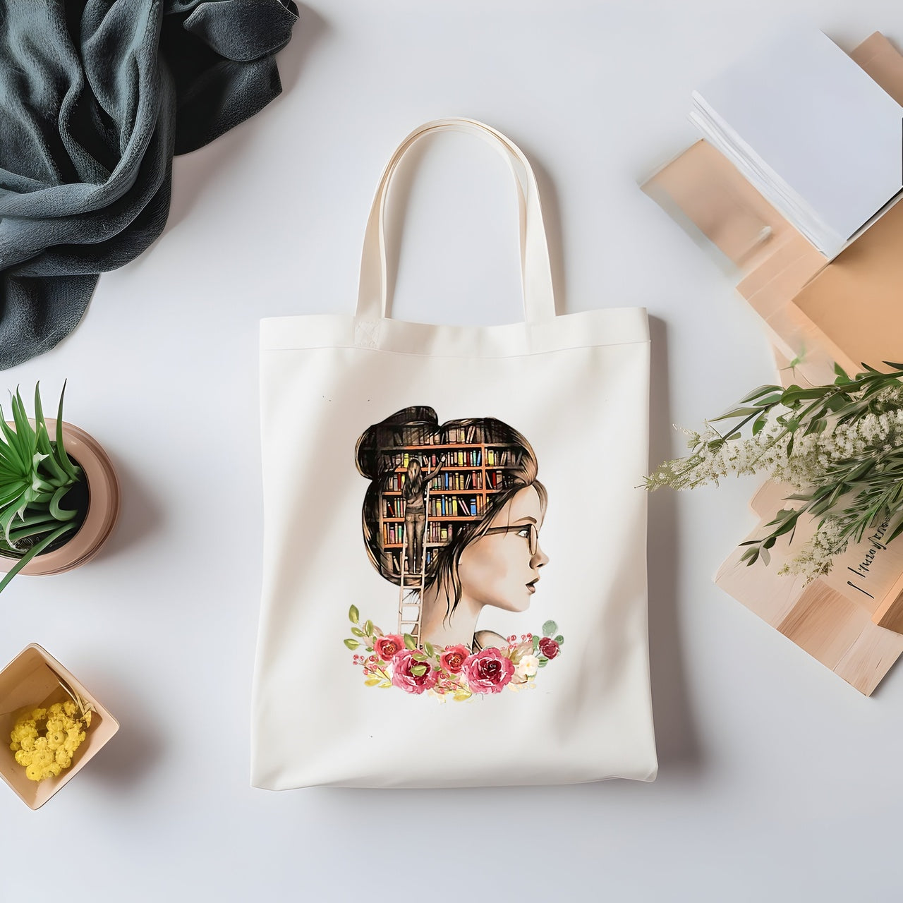 Girl in Library Tote Bag