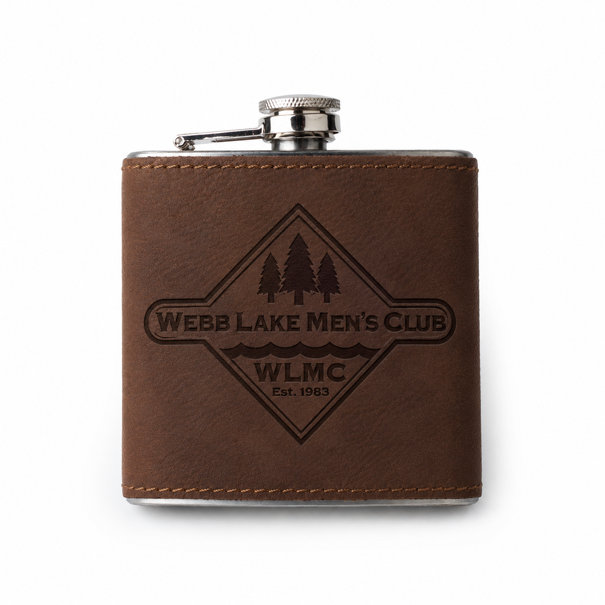 Webb Lake Men's Club 6 oz Leatherette Engraved Hip Flask